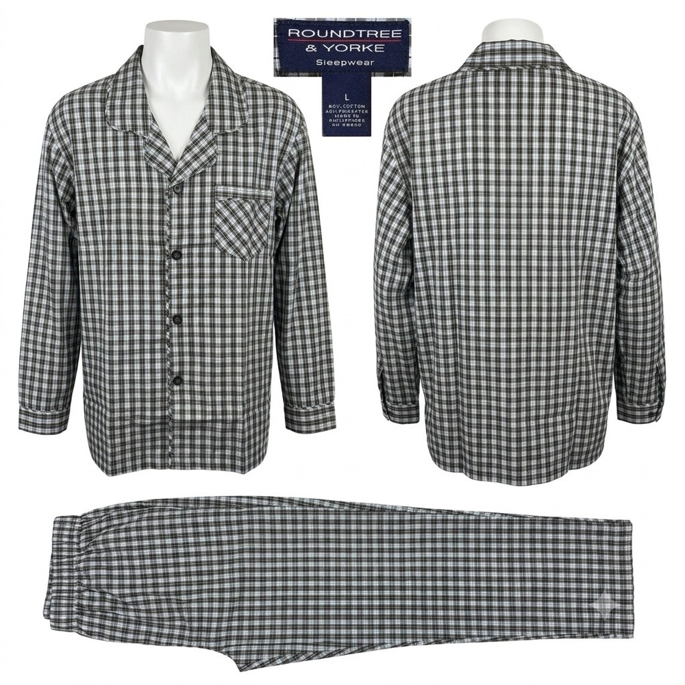 Roundtree & Yorke‎ Mens Large Blue Gray Plaid Cotton Pajama Set Sleepwear L